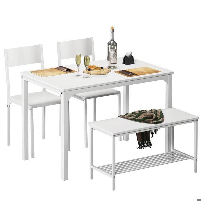 table à manger complète blanc - 4 personnes - 1 table à manger - 2 chaises - 1 banc - étagère de rangement - séjour cuisine
